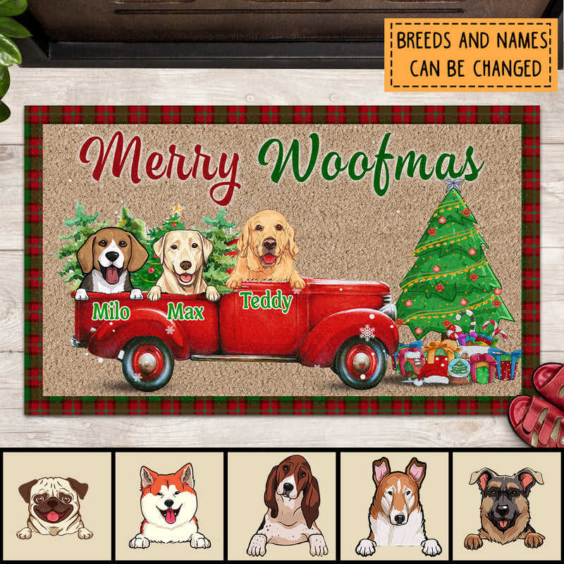 Christmas Personalized Doormat, Gifts For Dog Lovers, Merry Woofmas Dogs In Xmas Truck Front Door Mat