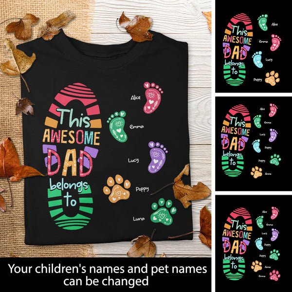This Awesome Dad Belongs To - Foots and Paws Print - Personalized Cat T-shirt