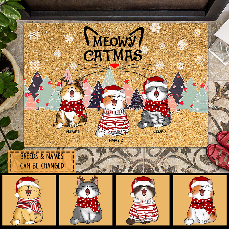 Christmas Front Door Mat, Gifts For Cat Lovers, Meowy Catmas Cats With Pine Trees Personalized Doormat