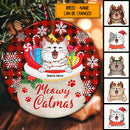 Meowy Catmas Cat In Santa's Bag Red Plaid Circle Ceramic Ornament - Personalized Cat Decorative Christmas Ornament