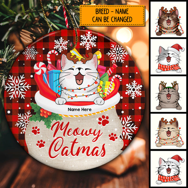 Meowy Catmas Cat In Santa's Bag Red Plaid Circle Ceramic Ornament - Personalized Cat Decorative Christmas Ornament