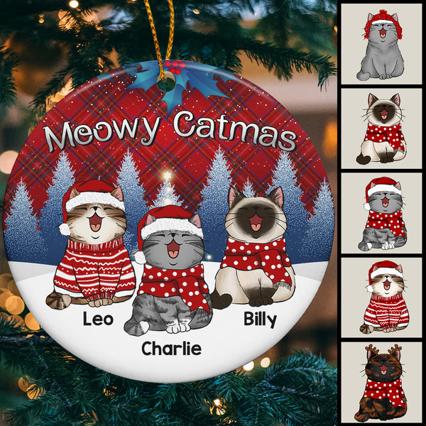 Meowy Catmas Red Plaid Blue Tree Circle Ceramic Ornament - Personalized Cat Lovers Decorative Christmas Ornament