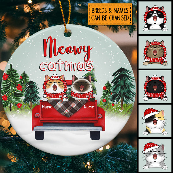 Meowy Catmas Red Truck Mint Sky Circle Ceramic Ornament - Personalized Cat Lovers Decorative Christmas Ornament