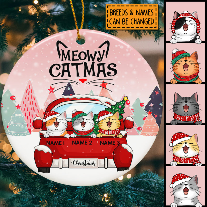 Meowy Catmas Red Truck Pink Sky Circle Ceramic Ornament - Personalized Cat Lovers Decorative Christmas Ornament