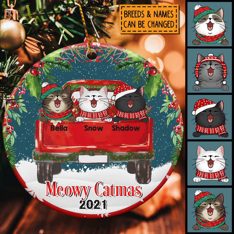 Meowy Catmas Red Truck Starry Night Circle Ceramic Ornament - Personalized Cat Lovers Decorative Christmas Ornament