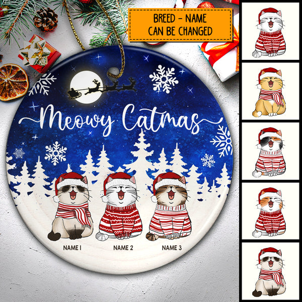 Meowy Catmas White Pine Tree Blue Circle Ceramic Ornament - Personalized Cat Lovers Decorative Christmas Ornament