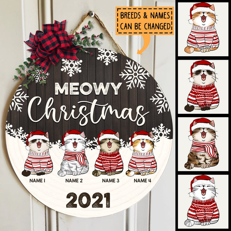 Christmas Door Decorations, Gifts For Cat Lovers, Meowy Christmas Gray Wooden White Snowflake Welcome Door Signs , Cat Mom Gifts