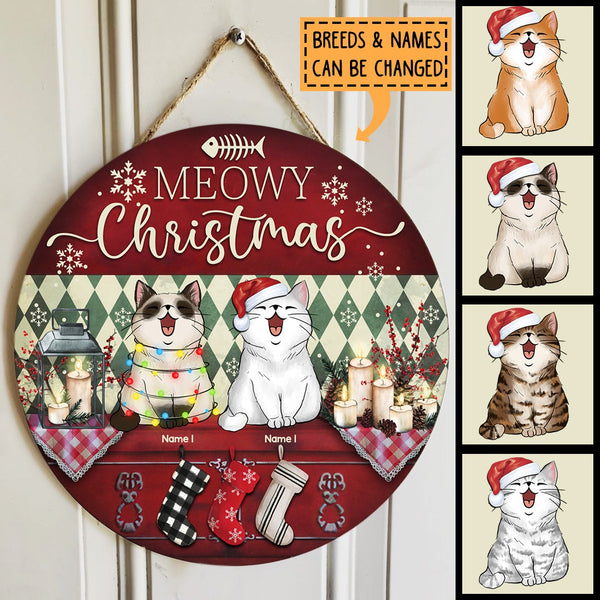 Christmas Door Decorations, Gifts For Cat Lovers, Meowy Christmas Green Argyle Welcome Door Signs , Cat Mom Gifts