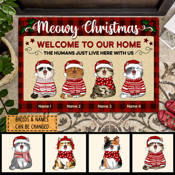 Christmas Welcome To Our Home Front Door Mat, Gifts For Cat Lovers, Meowy Christmas Plaid Personalized Doormat