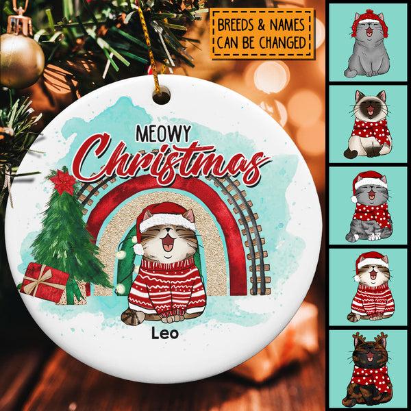 Meowy Christmas Blue Watercolor In White Circle Ceramic Ornament - Personalized Cat Lovers Decorative Christmas Ornament