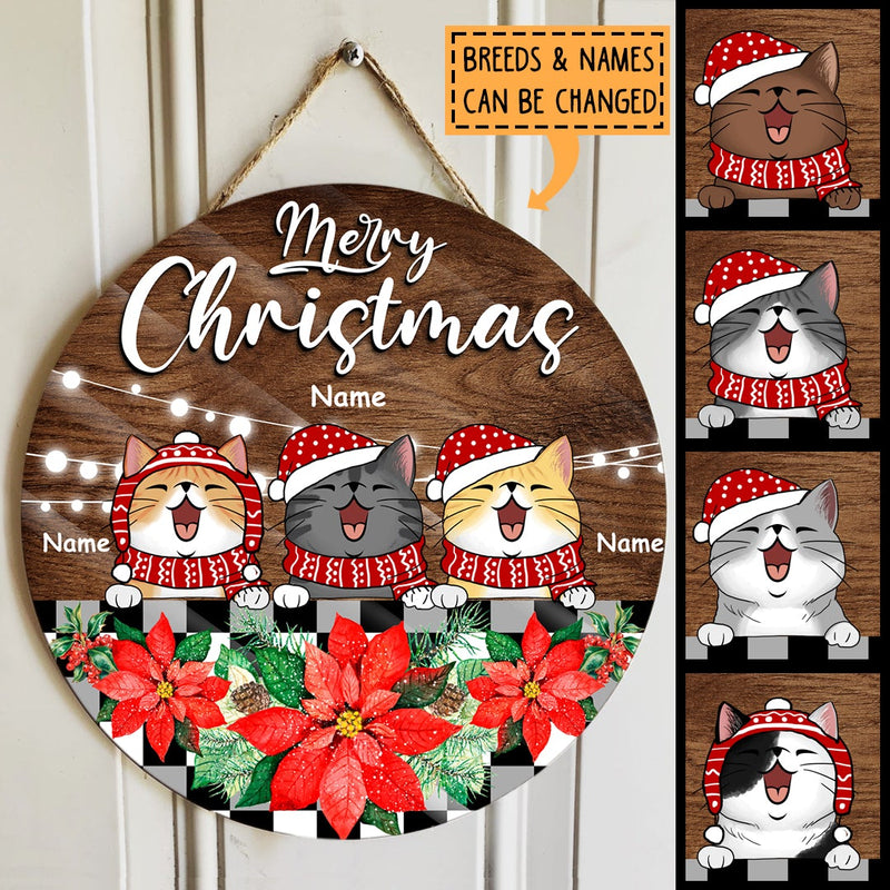 Christmas Door Decorations, Gifts For Cat Lovers, Merry Christmas Poinsettia & Brown Background Welcome Door Signs , Cat Mom Gifts