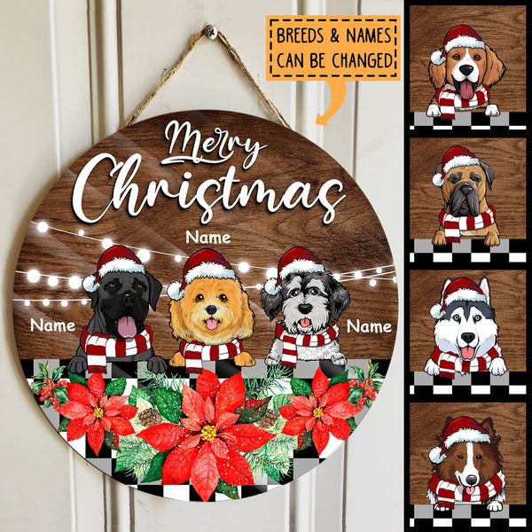 Christmas Door Decorations, Gifts For Dog Lovers, Merry Christmas Poinsettia & Brown Background Welcome Door Signs , Dog Mom Gifts