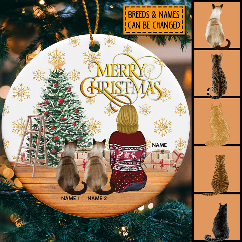 Merry Christmas - Gold Snowflake Print Wall - Personalized Cat Christmas Ornament