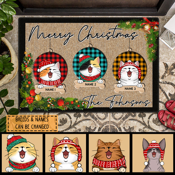 Christmas Front Door Mat, Gifts For Cat Lovers, Merry Christmas Cats In Plaid Ball Bauble Personalized Doormat