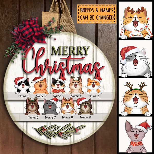 Christmas Door Decorations, Gifts For Cat Lovers, Merry Christmas White Wooden Background Welcome Door Signs , Cat Mom Gifts