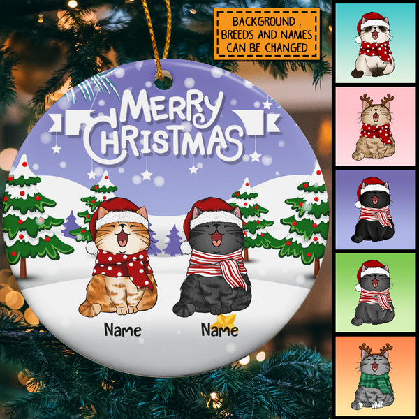 Merry Christmas Custom Color Sky Snowy Circle Ceramic Ornament - Personalized Cat Lovers Decorative Christmas Ornament