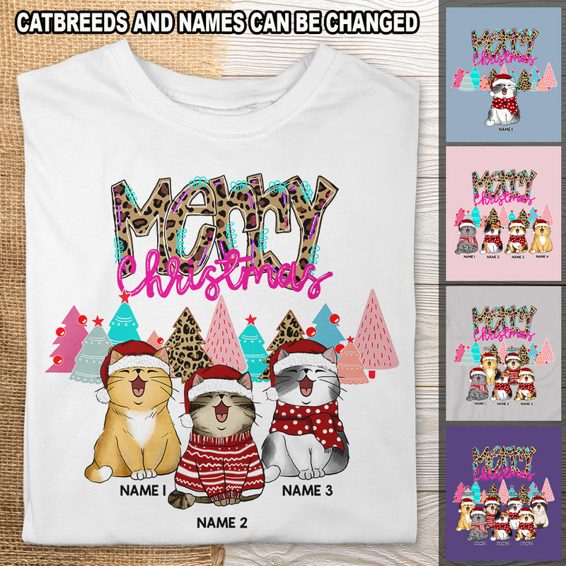 Merry Christmas Leopard, Christmas Cat With Pine Trees, Personalized Cat Christmas T-shirt