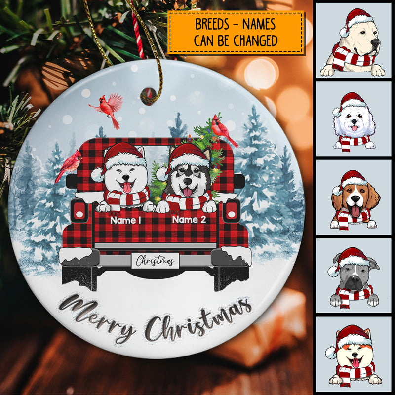 Merry Christmas Red Plaid Truck Blue Circle Ceramic Ornament - Personalized Dog Lovers Decorative Christmas Ornament