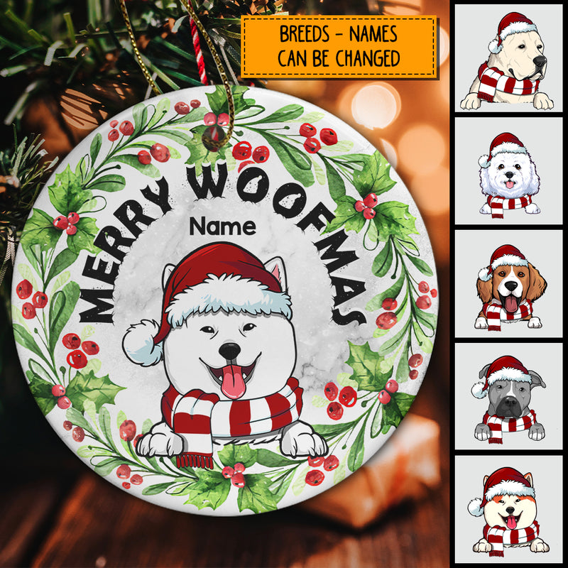 Merry Woofmas Berries White Marble Circle Ceramic Ornament - Personalized Dog Lovers Decorative Christmas Ornament