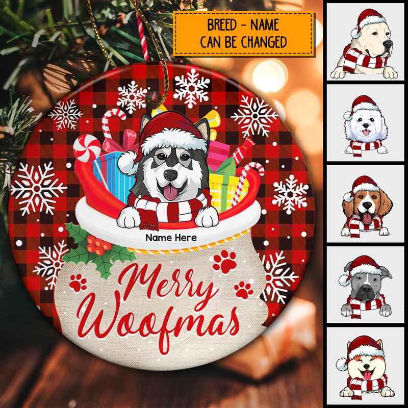 Merry Woofmas Dog In Santa's Bag Red Plaid Circle Ceramic Ornament - Personalized Dog Decorative Christmas Ornament
