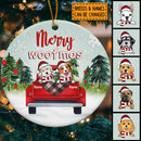 Merry Woofmas Red Truck Mint Sky Circle Ceramic Ornament - Personalized Dog Lovers Decorative Christmas Ornament
