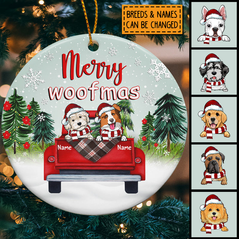 Merry Woofmas Red Truck Mint Sky Circle Ceramic Ornament - Personalized Dog Lovers Decorative Christmas Ornament