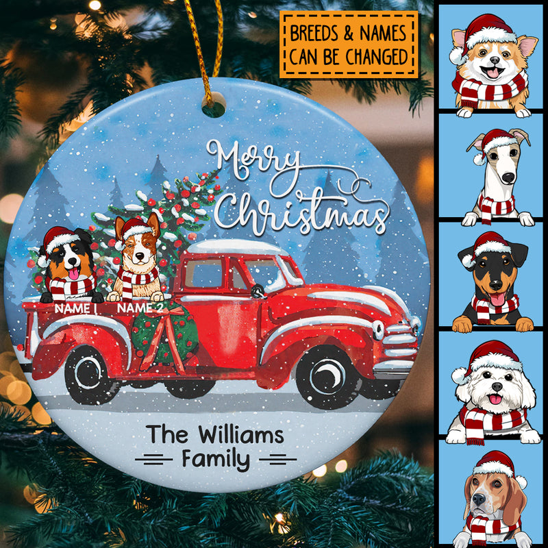 Merry Xmas From Family Red Truck Circle Ceramic Ornament - Personalized Dog Lovers Decorative Christmas Ornament