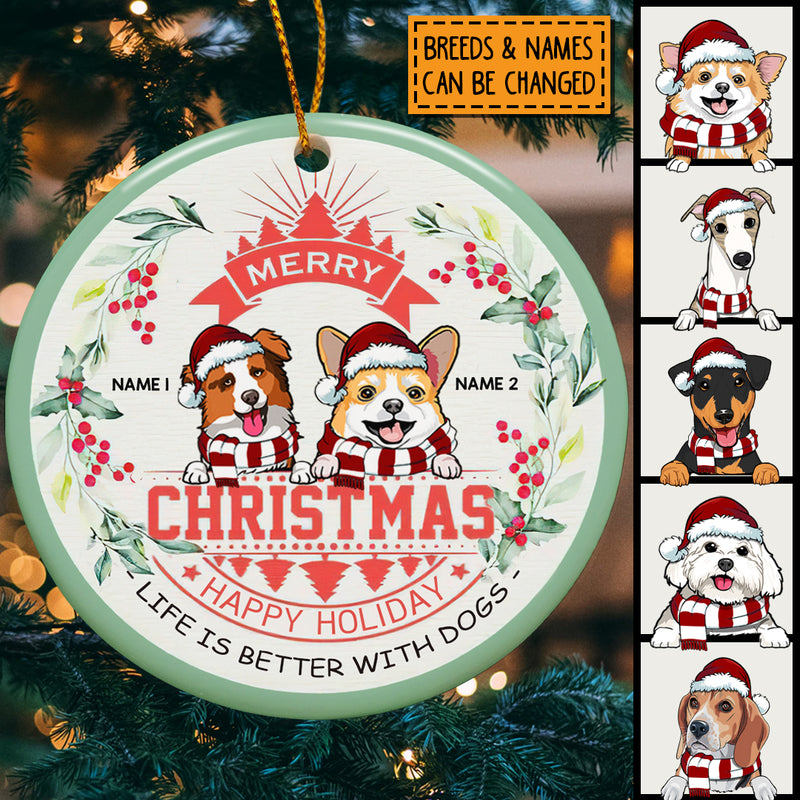 Merry Xmas Happy Holiday Mint Around Circle Ceramic Ornament - Personalized Dog Lovers Decorative Christmas Ornament