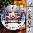Merry Xmas Red Plaid Truck In Forrest Circle Ceramic Ornament - Personalized Dog Lovers Decorative Christmas Ornament