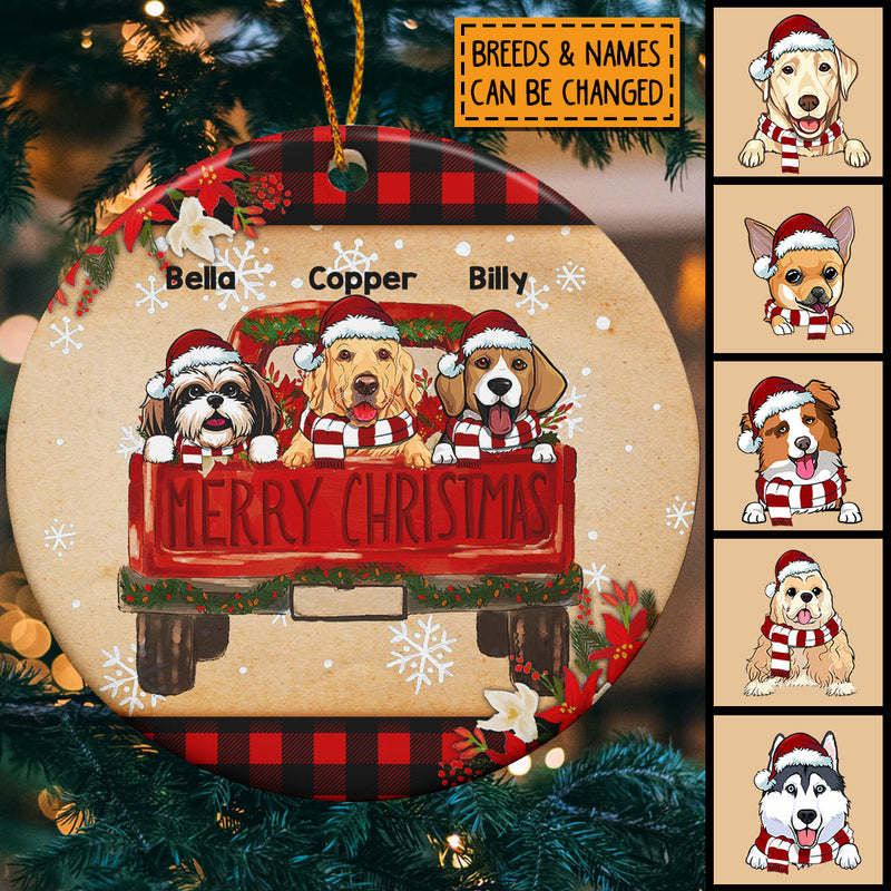 Merry Xmas Red Truck Pale Yellow Circle Ceramic Ornament - Personalized Dog Lovers Decorative Christmas Ornament
