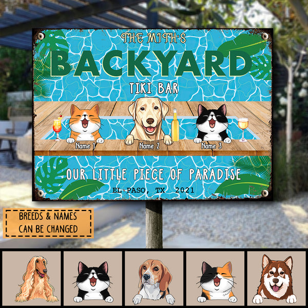 Pawzity Metal Backyard Tiki Bar Sign, Gifts For Pet Lovers, Our Little Piece Of Paradise Dog & Cat In A Pool