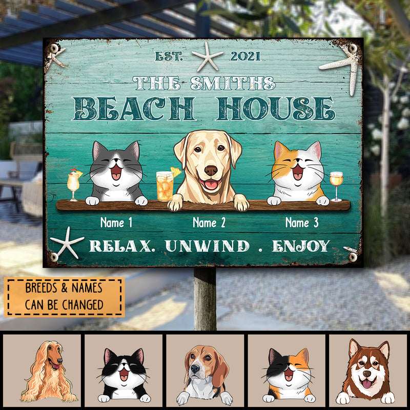 Metal Yard Sign, Gifts For Pet Lovers, Beach House Relax Unwind Enjoy Personalized Home Sign