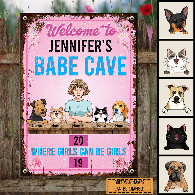 Pawzity Metal Yard Sign, Gifts For Pet Lovers, Welcome To My Babe Cave Where Girls Can be Girls Pink Welcome Signs