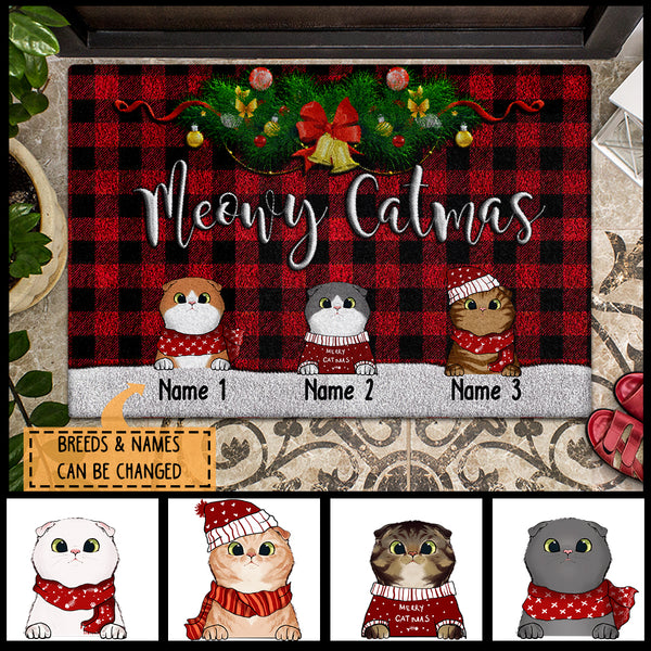 Christmas Personalized Doormat, Gifts For Cat Lovers, Meowy Catmas Buffalo Plaid Front Door Mat