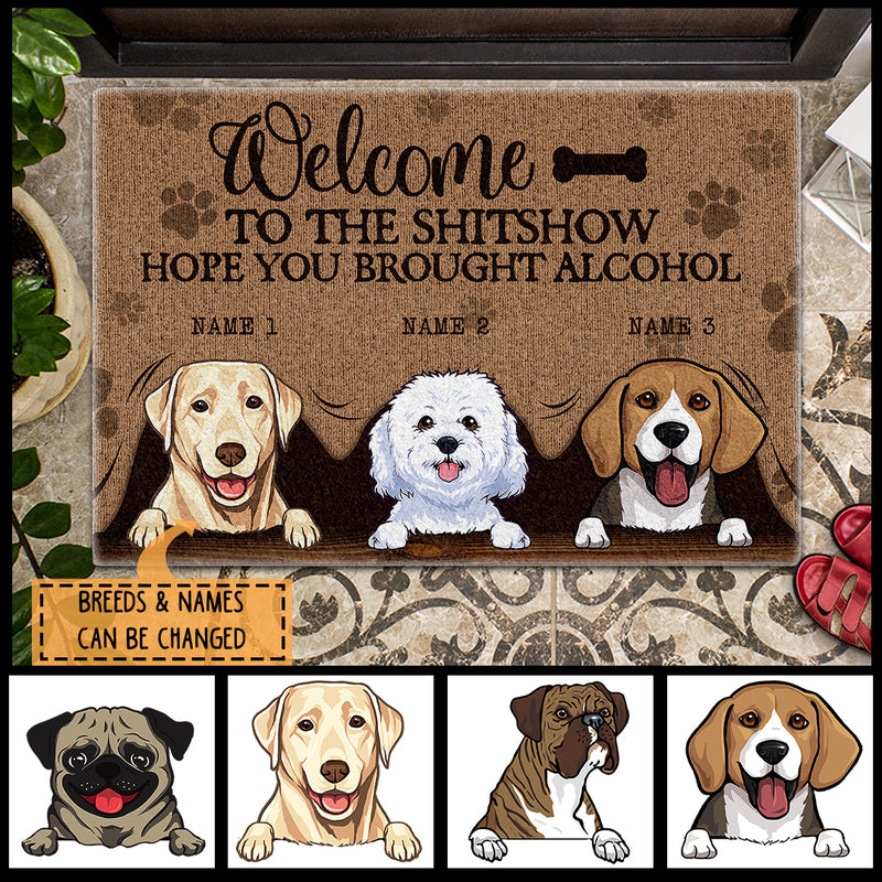 Pawzity Welcome To The Shitshow Front Door Mat, Gifts For Dog Lovers, Dog Peeking From Curtain Custom Doormat