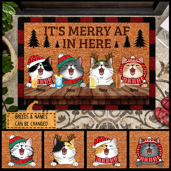 Christmas Personalized Doormat, Gifts For Cat Lovers, It's Merry Af In Here Outdoor Door Mat