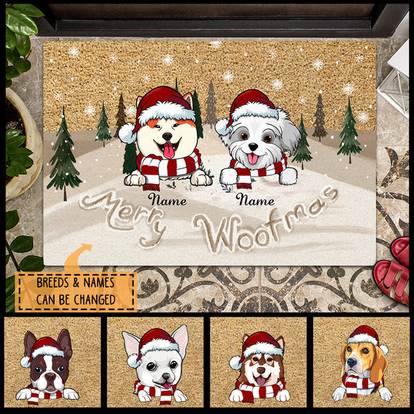 Christmas Personalized Doormat, Gifts For Dog Lovers, Merry Woofmas Brown Snow Field Outdoor Door Mat