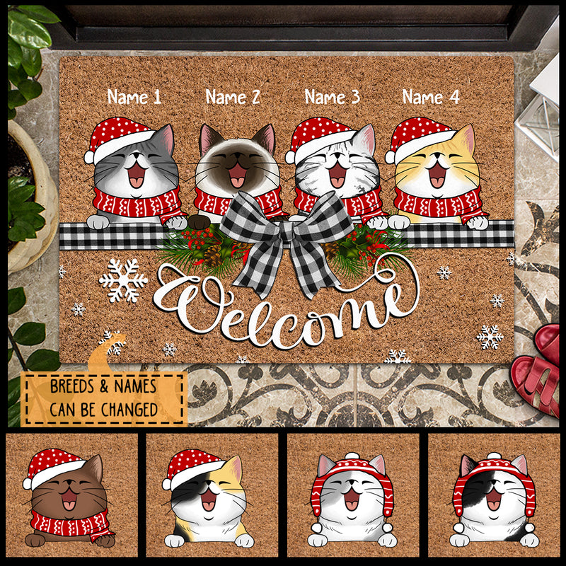 Christmas Personalized Doormat, Gifts For Cat Lovers, Welcome Black & White Plaid Bow Holiday Doormat