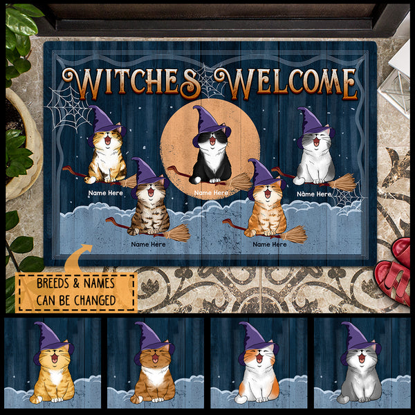 Halloween Custom Doormat, Gifts For Cat Lovers, Witches Welcome Witch Cats On Broom And Full Moon Holiday Doormat