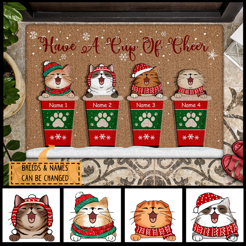 Christmas Personalized Doormat, Gifts For Cat Lovers, Have A Cup Of Cheer Cat Coffee Cup Front Door Mat