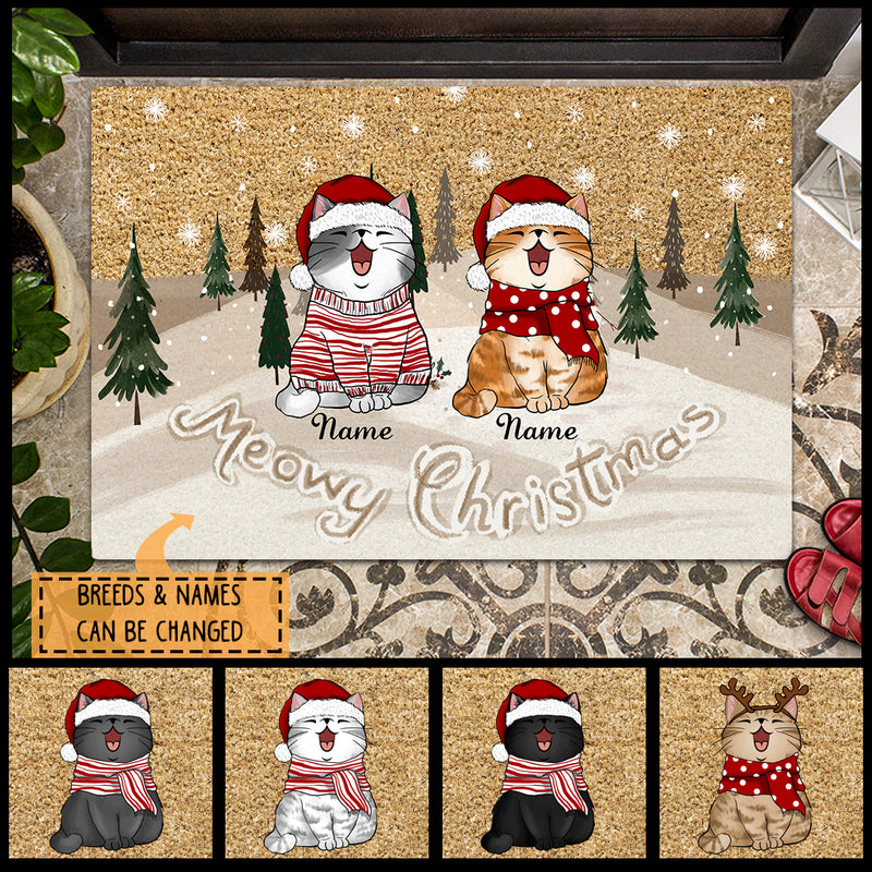 Christmas Personalized Doormat, Gifts For Cat Lovers, Meowy Christmas Brown Snow Field Outdoor Door Mat