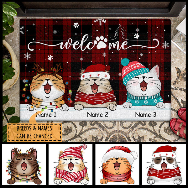 Christmas Welcome Mat, Gifts For Cat Lovers, Buffalo Plaid Personalized Doormat, Xmas House Decor