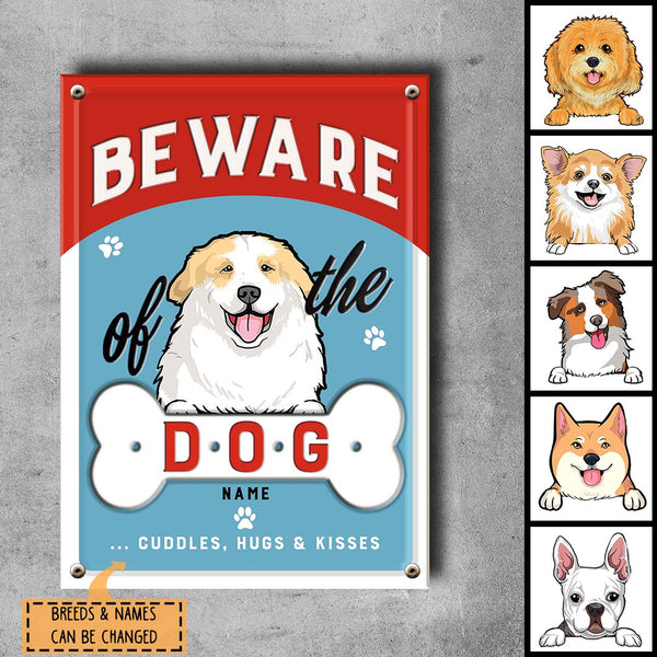 Pawzity Beware Of Dogs Metal Yard Sign, Gifts For Dog Lovers, Cuddles Hugs & Kisses Funny Warning Signs