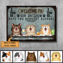 Pawzity Welcome To Our Shitshow Metal Yard Sign, Gifts For Cat Lovers, Hope You Brought Alcohol Blue Welcome Signs