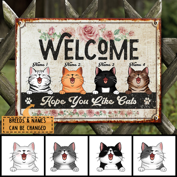 Pawzity Metal Welcome Sign, Gifts For Cat Lovers, Hope You Like Cats Rose Vintage Signs