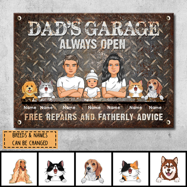 Pawzity Welcome Metal Garage Sign, Gifts For Pet Lovers, Dad's Garage Always Open Free Repairs And Fatherly Advice Funny Sign