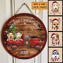 Christmas Dog Welcome Door Sign, Gift For Dog Lovers, Dogs On Red Truck Custom Wooden Signs , Dog Mom Gifts