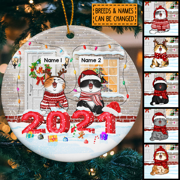 Numeral Year Decorated With Xmas Snow Circle Ceramic Ornament - Personalized Cat Lovers Decorative Christmas Ornament