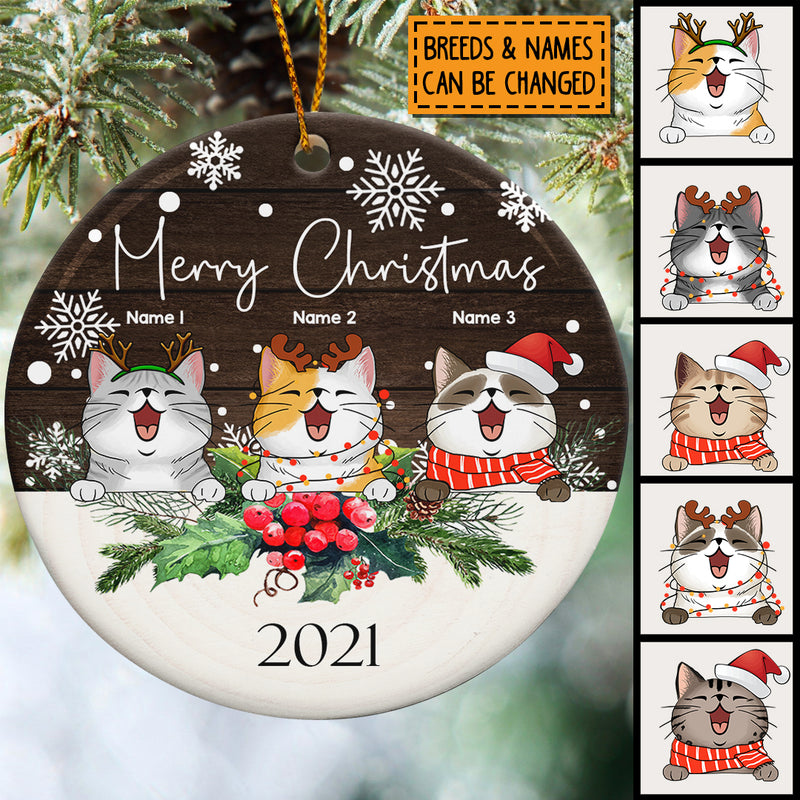 Merry Christmas Brown Wooden Circle Ceramic Ornament - Personalized Cat Lovers Decorative Christmas Ornament