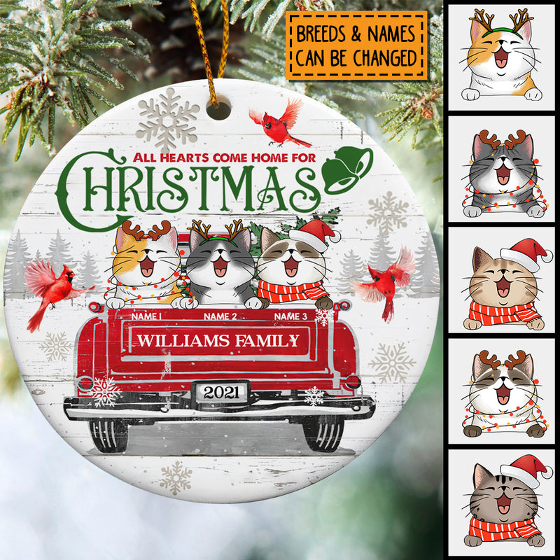 All Hearts Come Home For Xmas Red Truck Circle Ceramic Ornament - Personalized Cat Lovers Decorative Christmas Ornament